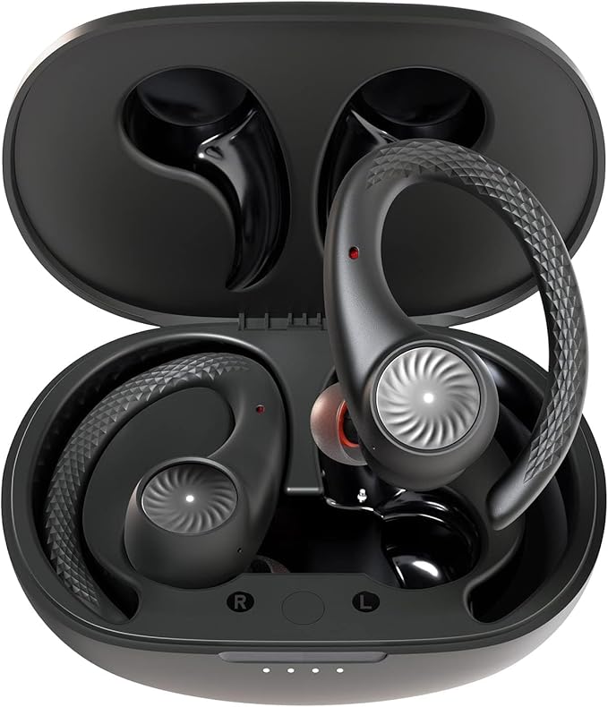 Casti sport Tribit MoveBuds H1 true wireless cu carlig peste ureche in toc de incarcare negru