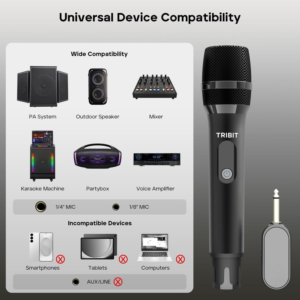 Kit microfon wireless Tribit cu compatibilitate universala pentru karaoke, sisteme PA, mixere audio si amplificatoare vocale