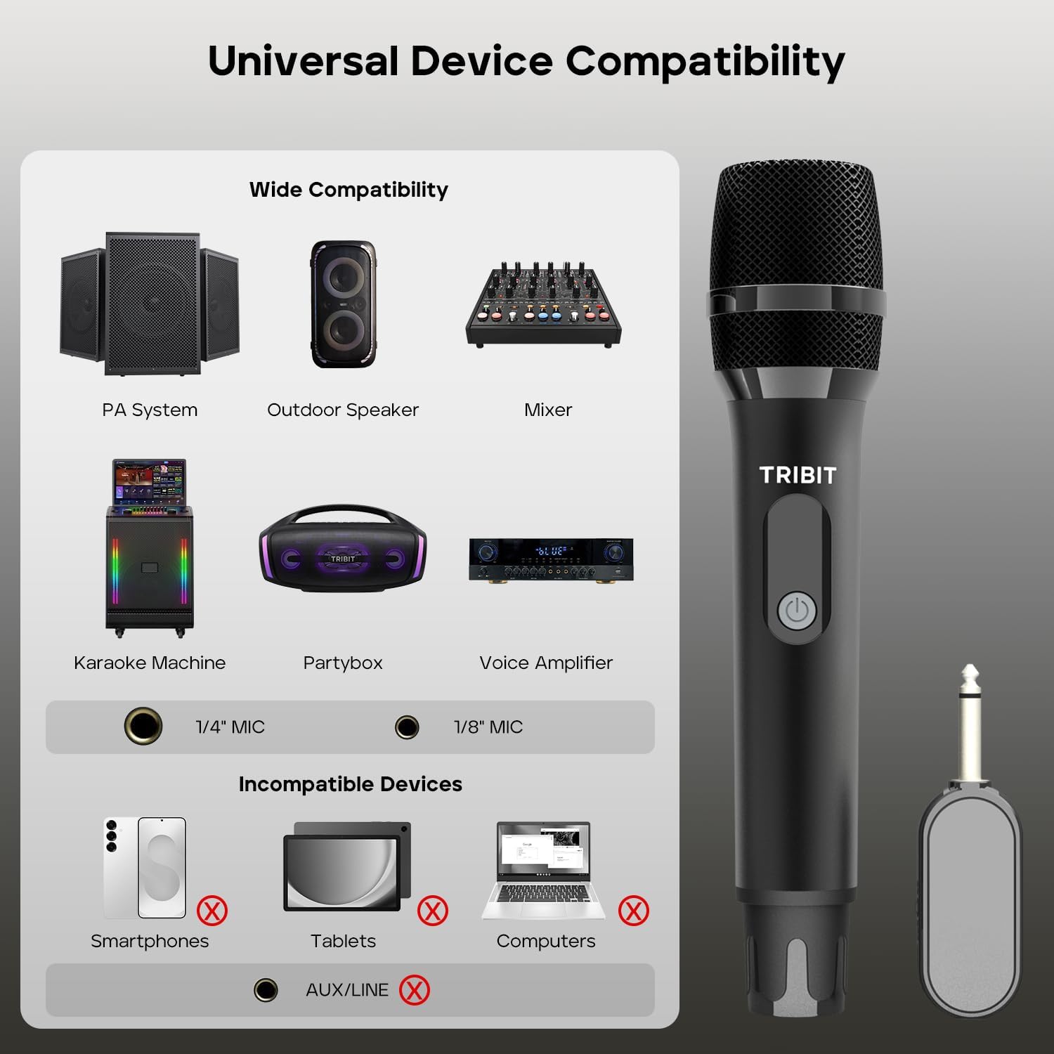 Kit microfon wireless Tribit cu compatibilitate universala pentru karaoke, sisteme PA, mixere audio si amplificatoare vocale
