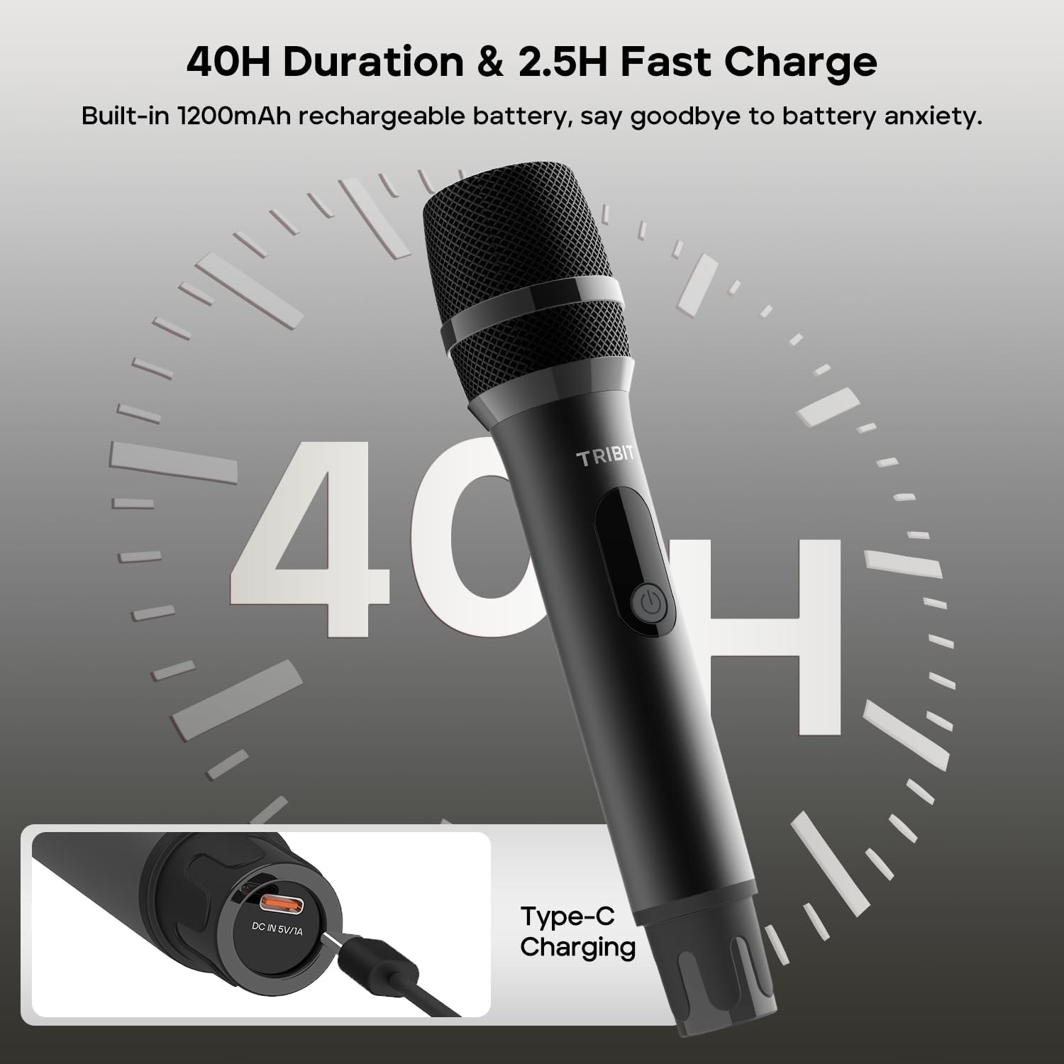 Microfon karaoke wireless Tribit cu baterie de 1200mAh, incarcare USB-C si autonomie de pana la 40 ore