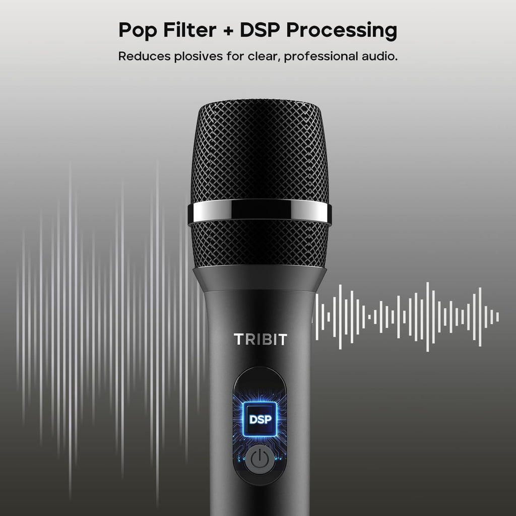 Microfon wireless Tribit cu procesare digitala DSP, filtru pop integrat si reducere a zgomotelor pentru karaoke si prezentari