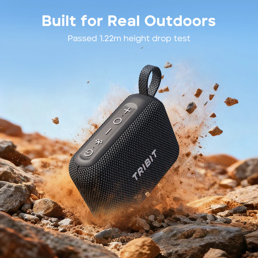 Boxa portabila Tribit PocketGo neagra cu Bluetooth, design compact si curea pentru transport