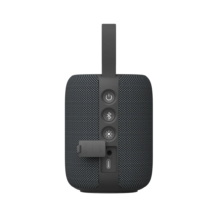 Boxa portabila Tribit StormBox Mini bluetooth neagra vazuta din spate cu butoane de control si porturi protejate