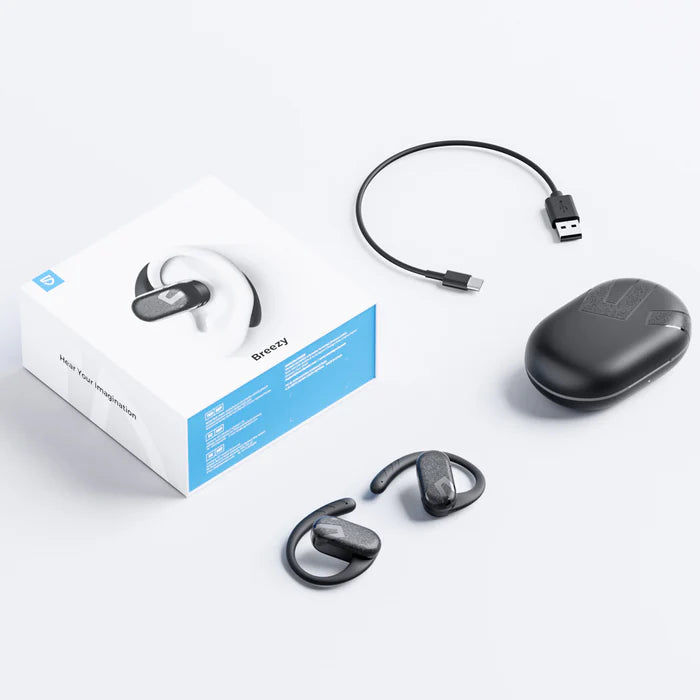 Pachet complet casti Soundpeats Breezy open ear true wireless bluetooth cu carlige ajustabile dupa ureche, carcasa de incarcare, cablu USB C si cutie originala


