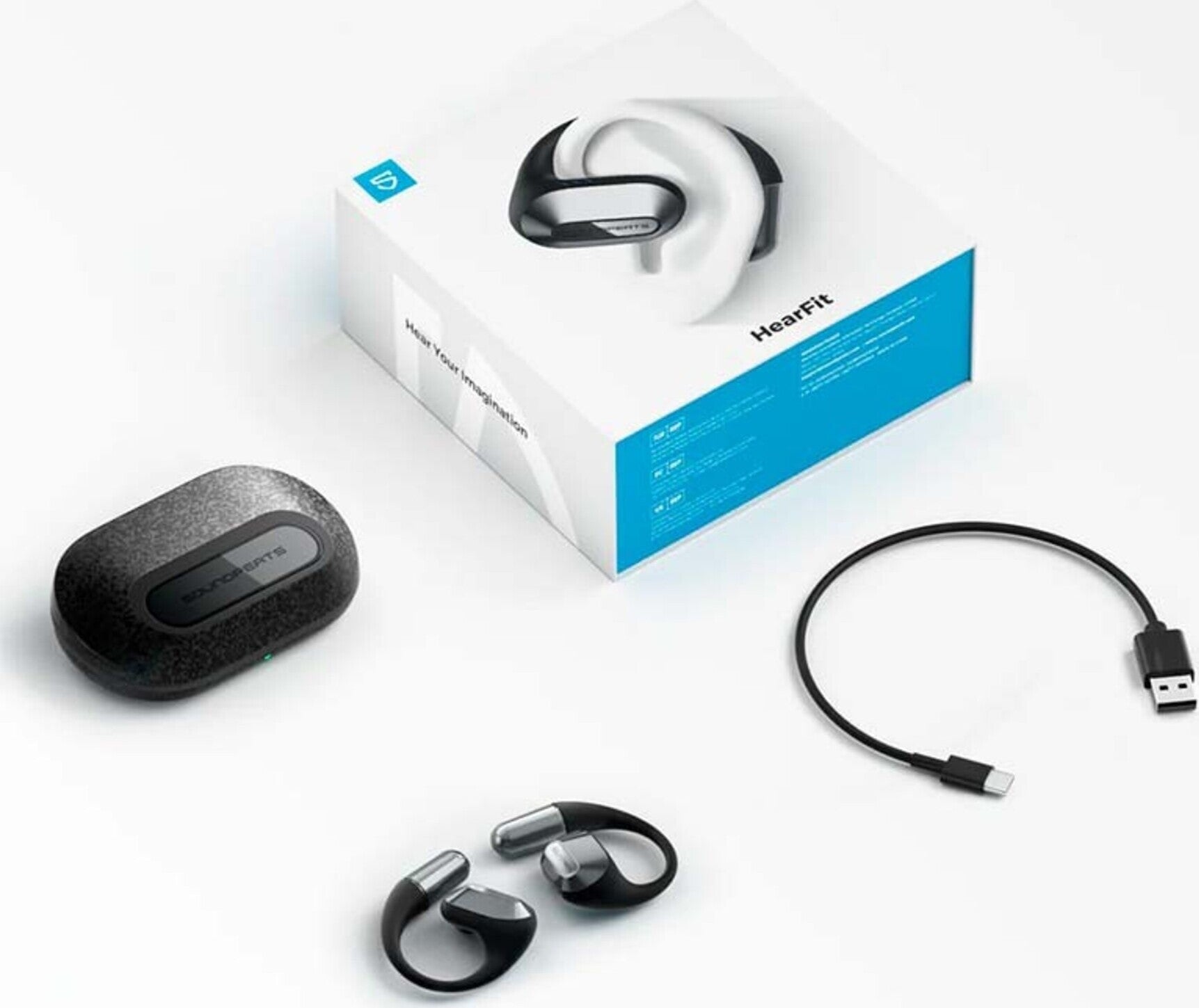 Pachet complet casti Soundpeats Hearfit open ear sports true wireless cu cutie de incarcare, cablu USB C si ambalajul original