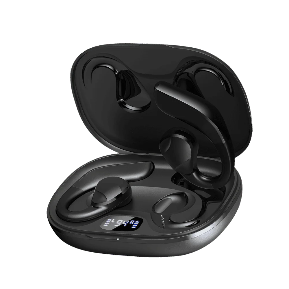 Casti Tribit OpenGo open ear wireless cu carlig peste ureche in toc de incarcare negru cu display LED
