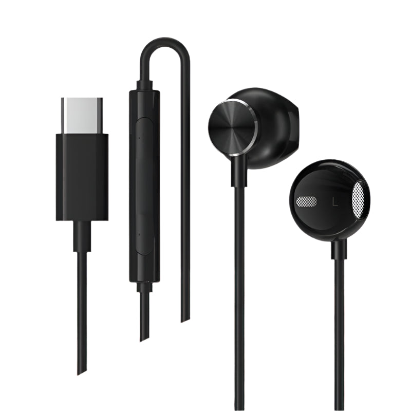 Casti cu fir Lenovo TW16 Pro USB-C de culoare neagra, cu microfon, telecomanda pe cablu si design in-ear